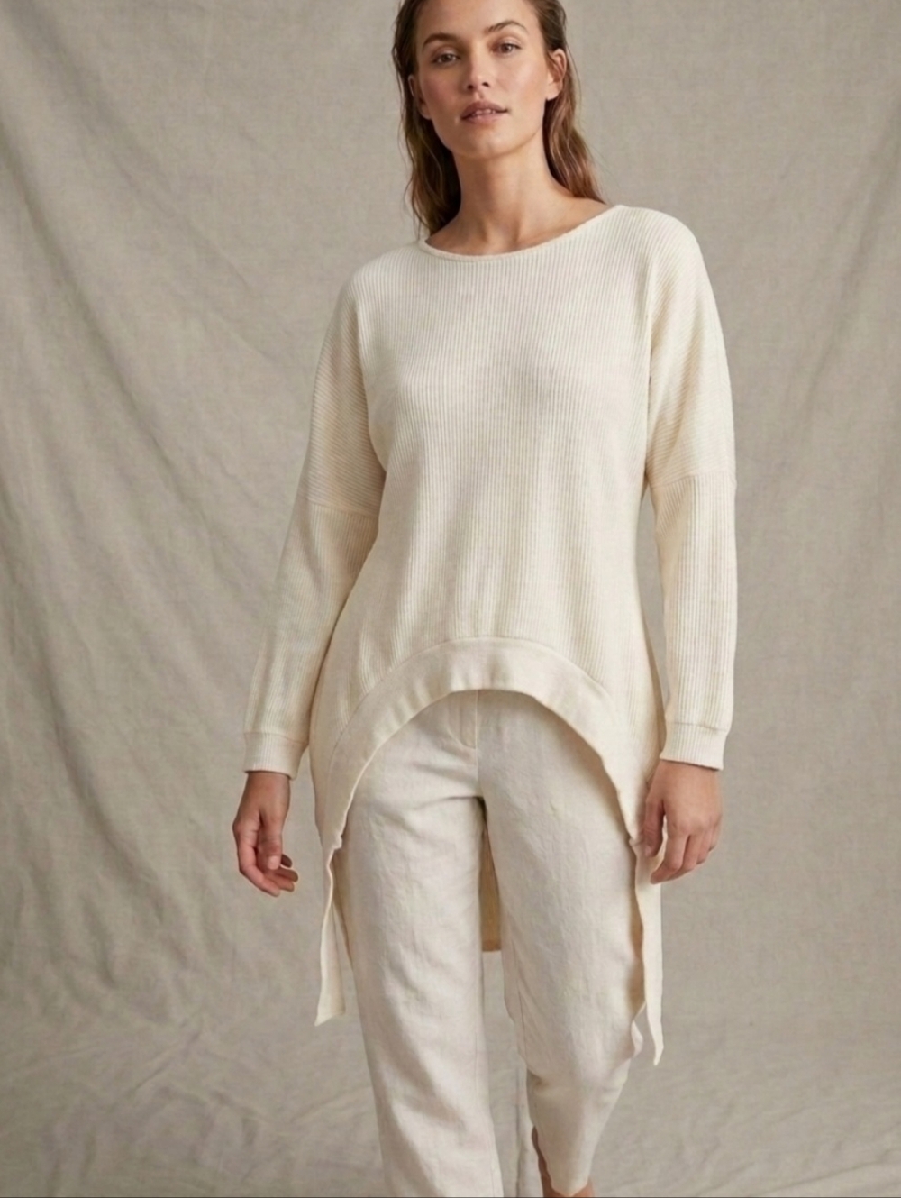 SOHO New York & Company Ivory Ribbed Tunic Sweater High-Low Hem Women's Size XL